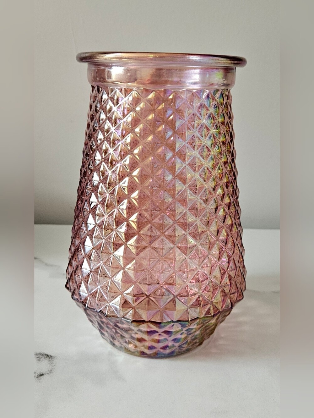 Mid-Century Modern Pink Iridescent Pressed Glass Vase w/ Diamond Hobnail Pattern